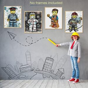 Prints Wall Legos Style Figures Jobs Art | Posters for Boys Room Decor Interlocking Figure Prints Room Decor For Boys, Girls And Toddlers, Boys Room Decor Policeman, Fireman, Emmet 4 Posters Set Printed On Ivory Paper Great For Kids Playroom, Kid Bedroom