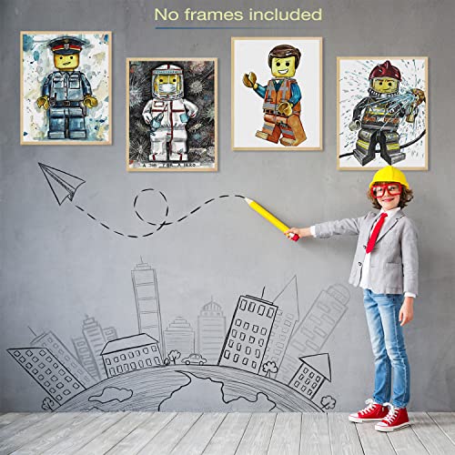 Prints Wall Legos Style Figures Jobs Art | Posters for Boys Room Decor Interlocking Figure Prints Room Decor For Boys, Girls And Toddlers, Boys Room Decor Policeman, Fireman, Emmet 4 Posters Set Printed On Ivory Paper Great For Kids Playroom, Kid Bedroom