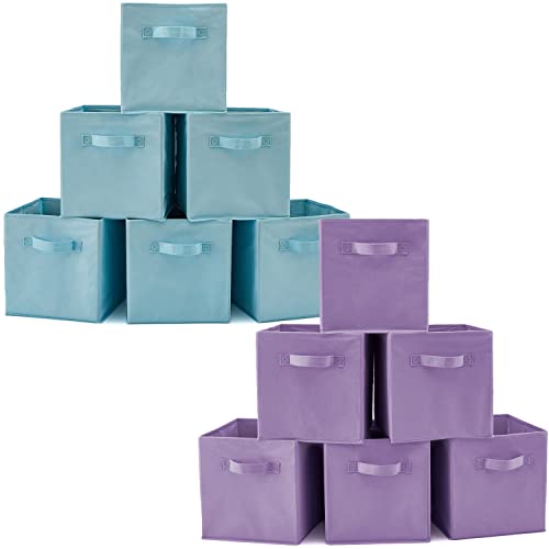 EZOWare Set of 12 Foldable Basket Bin Collapsible Storage Cube For Nursery, Kids Toys Organizer, Shelf Cabinet - ( Purple + Light Blue)