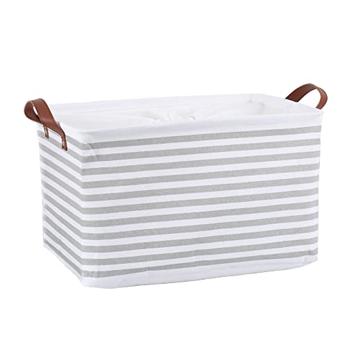 Large Storage Basket organizer Fabric Storage Bin for shelf Closet Organizer Bin Collapsible Storage Box with PU Leather Handles and Drawstring Closure (Waterproof Lining, Grey Stripe)