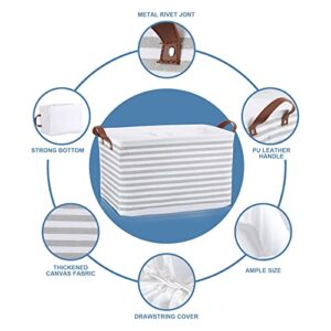 Large Storage Basket organizer Fabric Storage Bin for shelf Closet Organizer Bin Collapsible Storage Box with PU Leather Handles and Drawstring Closure (Waterproof Lining, Grey Stripe)