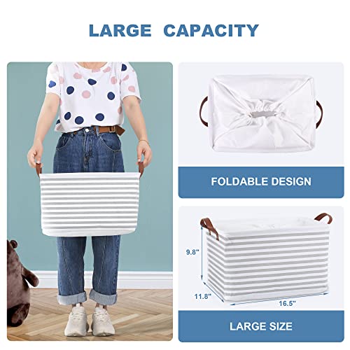 Large Storage Basket organizer Fabric Storage Bin for shelf Closet Organizer Bin Collapsible Storage Box with PU Leather Handles and Drawstring Closure (Waterproof Lining, Grey Stripe)