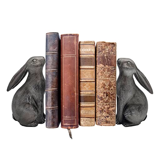 First of a Kind Bronze Rabbit Shaped Bookends – Farmhouse Shelves Organizer Book Ends - Resin Animal Figurine Cute Bookends - Heavy Duty Bookends to Hold Books - Set of 2 Book Stoppers