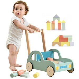 labebe kids push and pull activity walker wooden baby walker toy for boys/girls with 54 wooden blocks, toddler sit to stand walking wagon 12m+