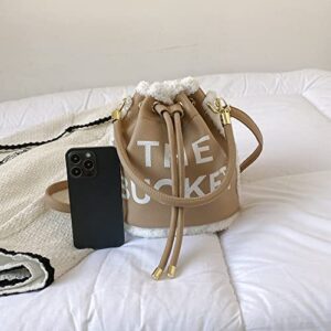 JQAliMOVV Bucket Bags for Women, Mini Bucket Bag Hobo Purses Tote Bag Leather Crossbody Bucket Bags Drawstring Handbags (Khaki)