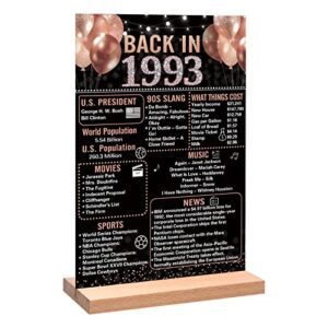 trgowaul 30th birthday anniversary decorations for women, rose gold back in 1993 birthday poster acrylic table sign with stand, 30 anniversary decor gifts for women, vintage 1993 supplies 30 birthday