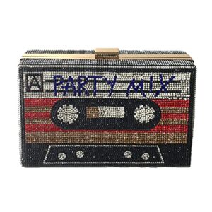 fashion culture party mix retro cassette tape kitsch crystal box clutch crossbody, multi