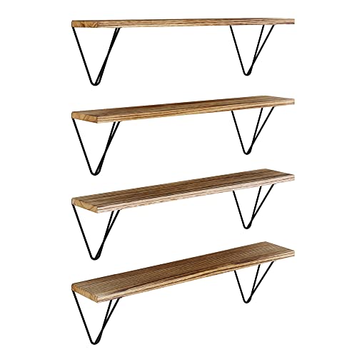 Wallniture Colmar Floating Shelves for Living Room Decor, 24" Bookshelf, Kitchen Organization and Storage Shelves for Bathroom Accessories, Bedroom Decor Wall Shelf Set of 4, Burnt