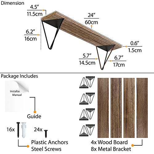 Wallniture Colmar Floating Shelves for Living Room Decor, 24" Bookshelf, Kitchen Organization and Storage Shelves for Bathroom Accessories, Bedroom Decor Wall Shelf Set of 4, Burnt