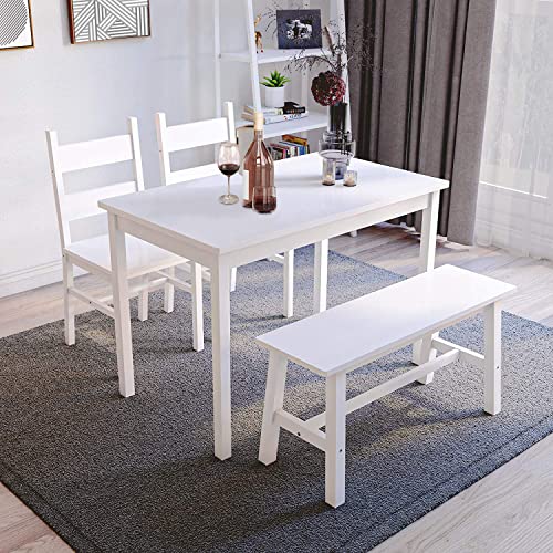 Dining Kitchen Table Set for 4, Solid Wood 4 PC Table and Chair Set, Rectangular Kitchen Table with 2 Chairs and Bench, Modern Farmhouse Dinette Table Set for Kitchen, Dining Room, Easy Assembly