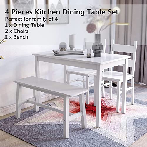 Dining Kitchen Table Set for 4, Solid Wood 4 PC Table and Chair Set, Rectangular Kitchen Table with 2 Chairs and Bench, Modern Farmhouse Dinette Table Set for Kitchen, Dining Room, Easy Assembly