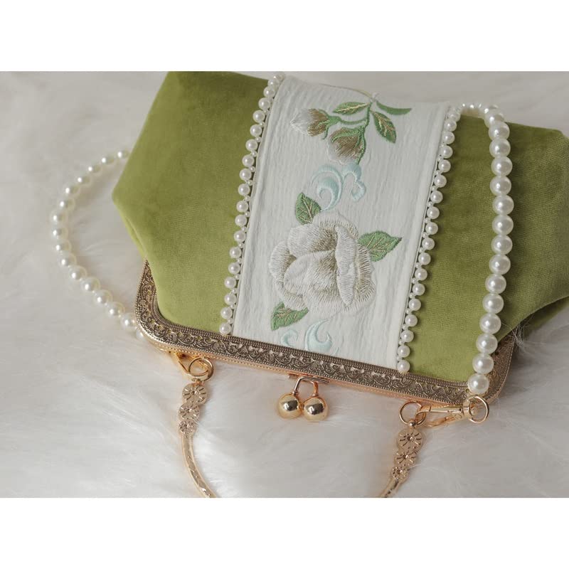 YLLWH Handmade Ancient Style Embroidery Han Chinese Clothing Bag Vintage Cheongsam Women's Crossbody Pearl Coin Purse