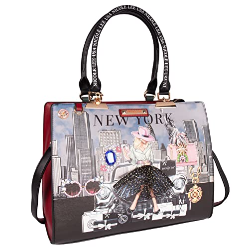 Nicole Lee Success in New York Structured Medium Satchel, Embellished Vegan Leather City Work Bag, 3 Compartments