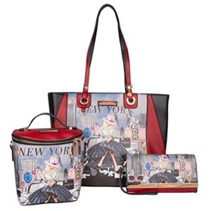 nicole lee success in new york 3-in-1 handbag travel set (large tote, mini zip crossbody, clutch wristlet wallet)