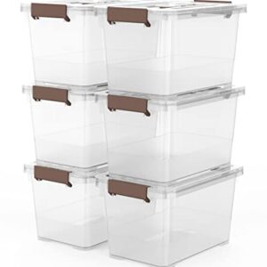 WYT 6-Pack Clear 7 Quart Storage Latch Box/Bins, Plastic Stackable Latching Box with Brown Handle and Lid, Multi-Purpose, 7 Litre