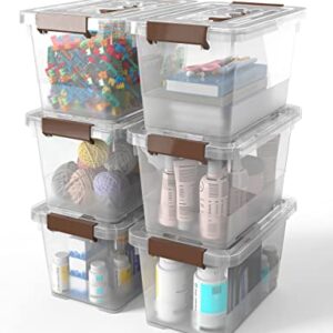 WYT 6-Pack Clear 7 Quart Storage Latch Box/Bins, Plastic Stackable Latching Box with Brown Handle and Lid, Multi-Purpose, 7 Litre