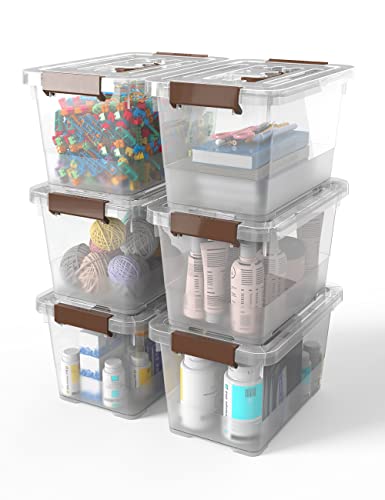 WYT 6-Pack Clear 7 Quart Storage Latch Box/Bins, Plastic Stackable Latching Box with Brown Handle and Lid, Multi-Purpose, 7 Litre