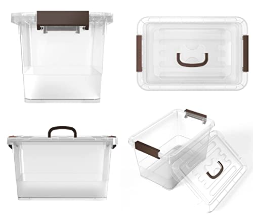 WYT 6-Pack Clear 7 Quart Storage Latch Box/Bins, Plastic Stackable Latching Box with Brown Handle and Lid, Multi-Purpose, 7 Litre