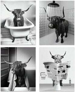 funny highland cow bathroom wall art prints, vintage black and white rustic style cute bathroom cow canvas art poster for bathroom restroom decoration, farmhouse wall decor, set of 4(8″x10″ unframed)