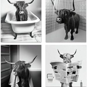 Funny Highland Cow Bathroom Wall Art Prints, Vintage Black and White Rustic Style Cute Bathroom Cow Canvas Art Poster for Bathroom Restroom Decoration, Farmhouse Wall Decor, Set of 4(8"x10" Unframed)