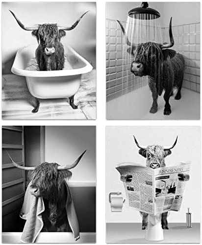 Funny Highland Cow Bathroom Wall Art Prints, Vintage Black and White Rustic Style Cute Bathroom Cow Canvas Art Poster for Bathroom Restroom Decoration, Farmhouse Wall Decor, Set of 4(8"x10" Unframed)