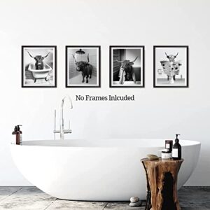 Funny Highland Cow Bathroom Wall Art Prints, Vintage Black and White Rustic Style Cute Bathroom Cow Canvas Art Poster for Bathroom Restroom Decoration, Farmhouse Wall Decor, Set of 4(8"x10" Unframed)