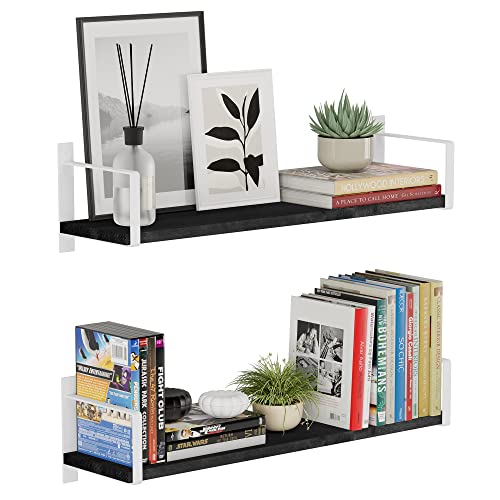 Wallniture Toledo 24" Floating Shelves for Living Room Decor Wall Shelves for Bedroom, Bathroom Organizer & Kitchen Organization Black Bookshelf Set of 2 Wood