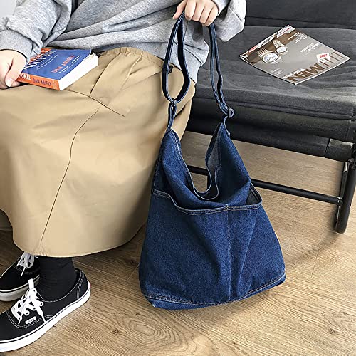 Denim Shoulder Bag Large Hobo Tote Bag Casual Canvas Bag Retro Crossbody Bag for School Travel Work (Dark Blue)