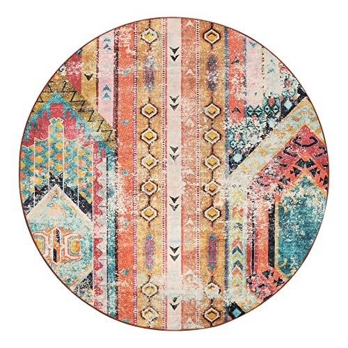 Wonnitar Machine Washable Round Area Rug 6ft - Southwestern Ultra-Thin Large Round Rug for Bedroom,Non-Slip Soft Living Room Circle Mat,Boho Non-Shed Carpet for Laundry Nursery Dining Room