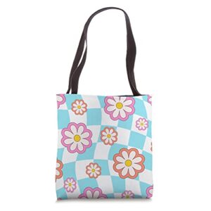 retro groovy flower hippie daisy 60s turquoise checker tote bag