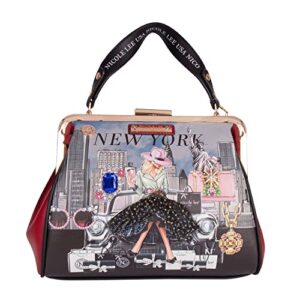 nicole lee success in new york handbag, push lock closure, embellished nyc city bag with optional crossbody strap