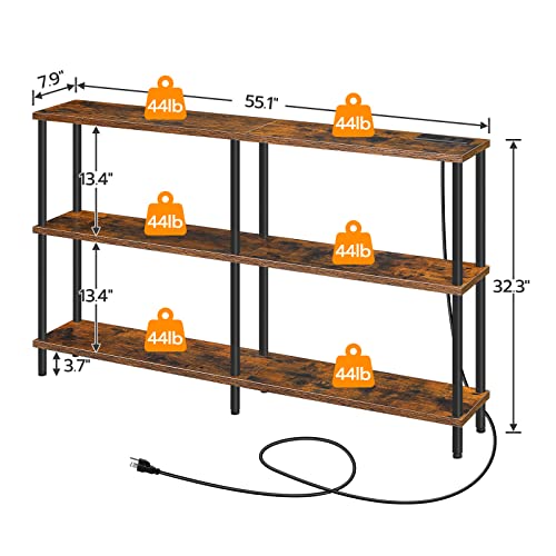 HOOBRO 3-Tier Narrow Console Table with Charging Station, Entryway Table with 2 Power Outlets and 2 USB Ports, Skinny Sofa Hallway Table, for Living Room, Rustic Brown and Black BF143UXG01