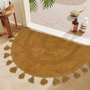 cute bathroom rug tufted cotton rug with tassels hand woven cotton mat washable area rug for entryway bedroom laundry living room – 19.7″x31.5″, brown