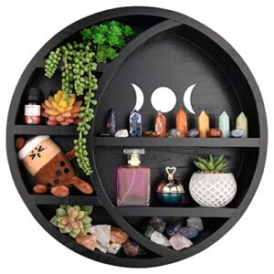 the poppy store large 17″ moon shelf – ideal for crystal decor, essential oils, witchy room, and boho art display – decorative crystals wall shelf – easy mount – paulownia wood – black