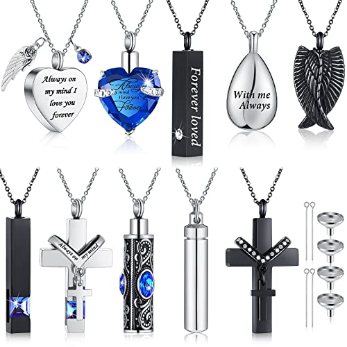 10 Pcs Urn Necklace for Ashes Cremation Jewelry Wings Tear Drop Cross Crystal Ashes Necklace Stainless Steel Zircon Memorial Locket Vertical Bar Heart Waterproof Ashes Keepsake for Men (Blue)