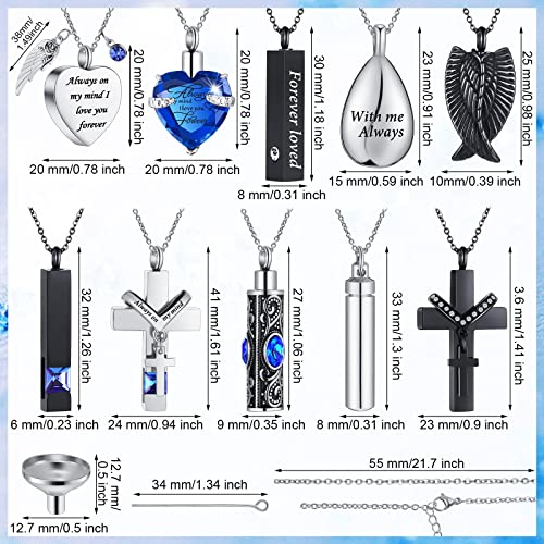 10 Pcs Urn Necklace for Ashes Cremation Jewelry Wings Tear Drop Cross Crystal Ashes Necklace Stainless Steel Zircon Memorial Locket Vertical Bar Heart Waterproof Ashes Keepsake for Men (Blue)