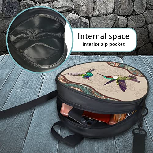 WHOSGNIHT Ethnic Tribal Hummingbird Women Crossbody Circle Bag Purse Waterproof Leather Evening Party Handbag Casual Travel Shopping Shoulder Bag Backpack