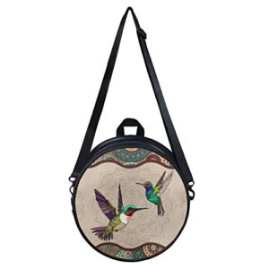 WHOSGNIHT Ethnic Tribal Hummingbird Women Crossbody Circle Bag Purse Waterproof Leather Evening Party Handbag Casual Travel Shopping Shoulder Bag Backpack