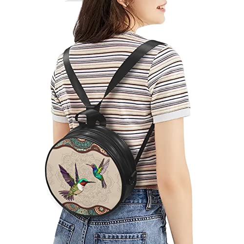 WHOSGNIHT Ethnic Tribal Hummingbird Women Crossbody Circle Bag Purse Waterproof Leather Evening Party Handbag Casual Travel Shopping Shoulder Bag Backpack