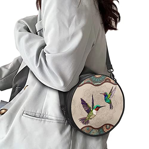 WHOSGNIHT Ethnic Tribal Hummingbird Women Crossbody Circle Bag Purse Waterproof Leather Evening Party Handbag Casual Travel Shopping Shoulder Bag Backpack