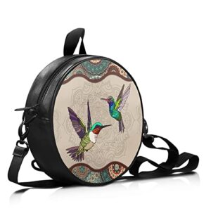 WHOSGNIHT Ethnic Tribal Hummingbird Women Crossbody Circle Bag Purse Waterproof Leather Evening Party Handbag Casual Travel Shopping Shoulder Bag Backpack