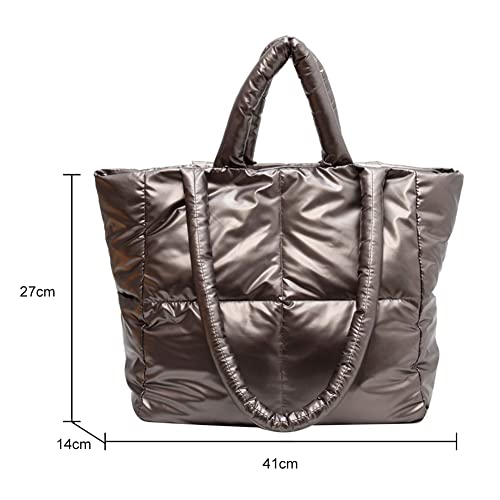 JQWYGB Puffer Tote Bag for Women - Large Puffy Tote Bag Purse Soft Padded Cotton Checkered Quilted Shoulder Bags Handbags (Champagne)