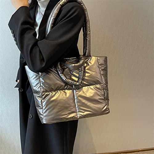 JQWYGB Puffer Tote Bag for Women - Large Puffy Tote Bag Purse Soft Padded Cotton Checkered Quilted Shoulder Bags Handbags (Champagne)