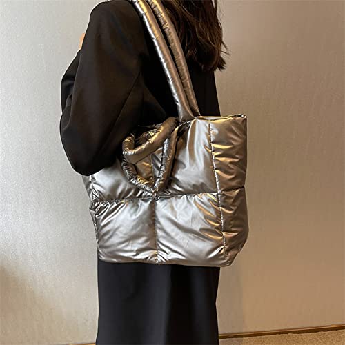 JQWYGB Puffer Tote Bag for Women - Large Puffy Tote Bag Purse Soft Padded Cotton Checkered Quilted Shoulder Bags Handbags (Champagne)