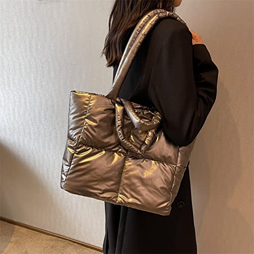 JQWYGB Puffer Tote Bag for Women - Large Puffy Tote Bag Purse Soft Padded Cotton Checkered Quilted Shoulder Bags Handbags (Champagne)