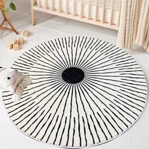 Round Rug 3.3ft, Large Non Slip Super Soft Plush Area Rug for Kids Room Playroom Living Room Bedroom, Modern Black and White Striped Floor Mat Carpet for Home Room Decorative (Light)