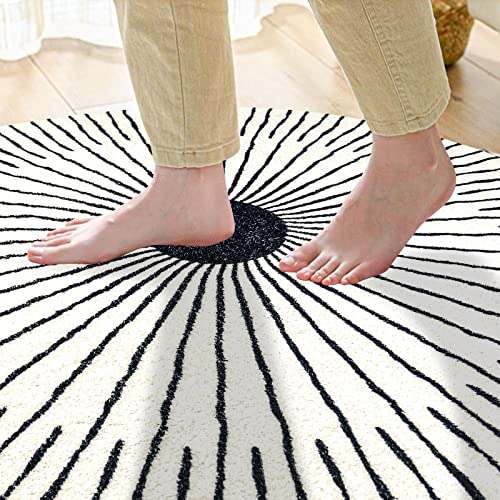 Round Rug 3.3ft, Large Non Slip Super Soft Plush Area Rug for Kids Room Playroom Living Room Bedroom, Modern Black and White Striped Floor Mat Carpet for Home Room Decorative (Light)