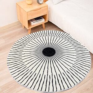 Round Rug 3.3ft, Large Non Slip Super Soft Plush Area Rug for Kids Room Playroom Living Room Bedroom, Modern Black and White Striped Floor Mat Carpet for Home Room Decorative (Light)