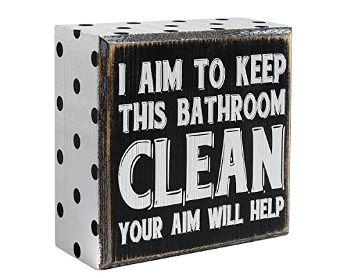 Pigort I Aim to Keep This Bathroom Clean Home Décor Sign Funny Bathroom Farmhouse Accessories Rustic Wood Bathroom Decorations Shelf Toilet Decor Wooden Box Signs for Home 4" x 4" x 1.75"