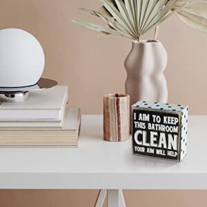 Pigort I Aim to Keep This Bathroom Clean Home Décor Sign Funny Bathroom Farmhouse Accessories Rustic Wood Bathroom Decorations Shelf Toilet Decor Wooden Box Signs for Home 4" x 4" x 1.75"